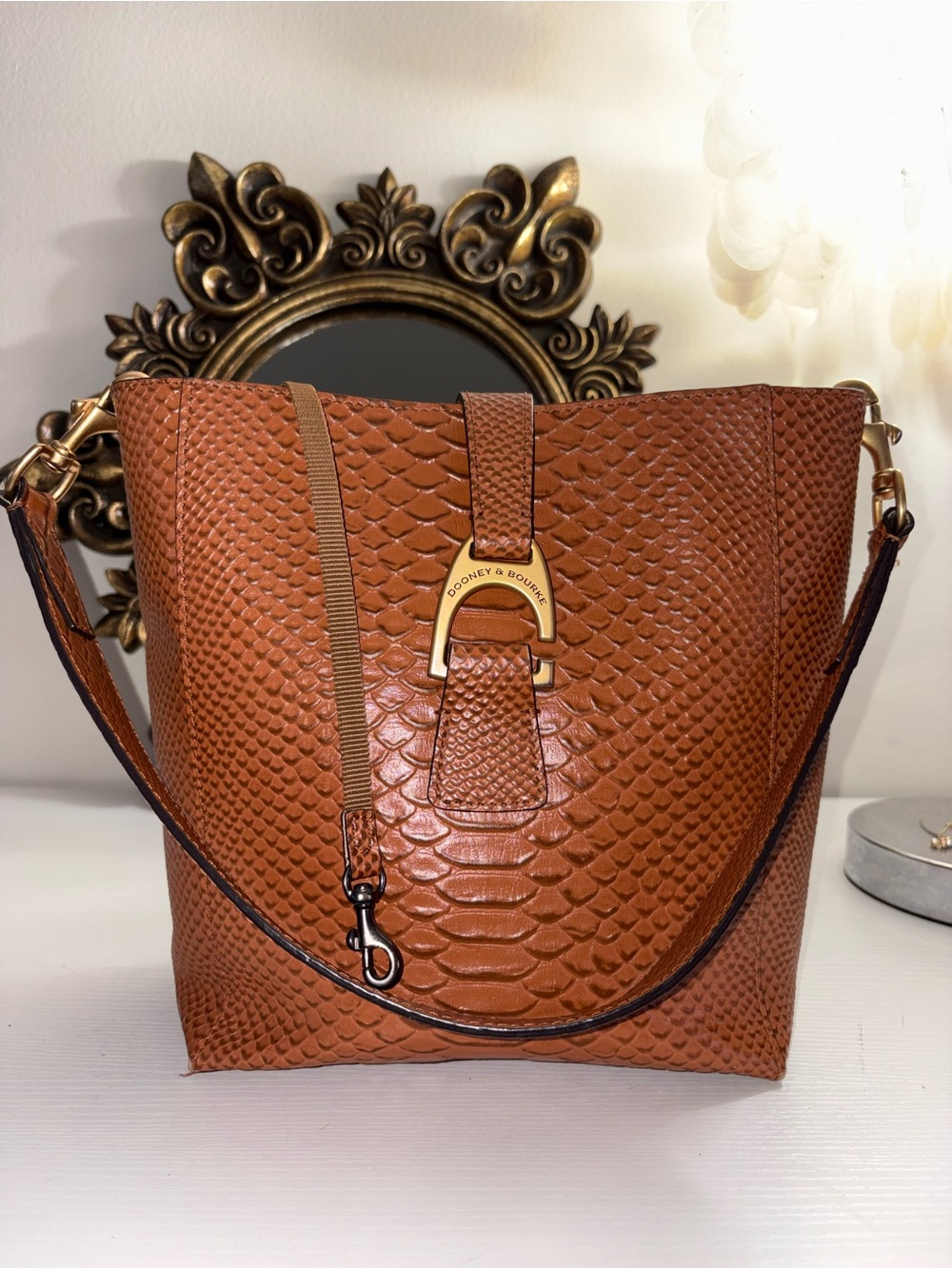 Dooney & Bourke Brown Embossed Leather Hobo Bag with Gold Hardware